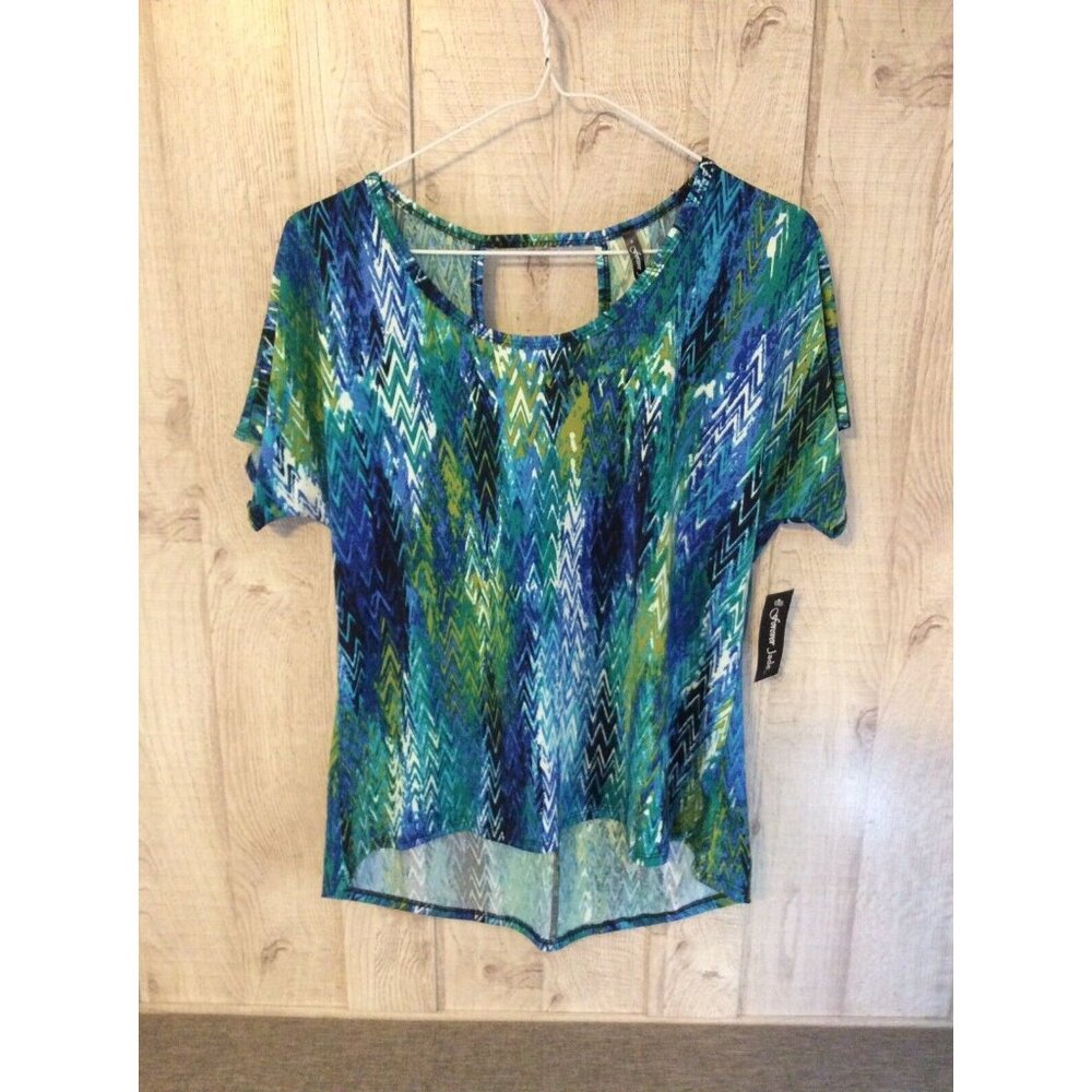 Forever Jade Womens Small Hi Lo Hem Shirt Green Blue Zigzag Shimmery Mermaid